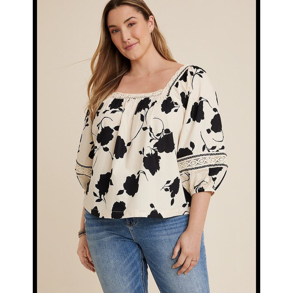 Maurices Ivory Floral Lace Cotton‎ Square Neck Boho Balloon Sleeve Blouse XL